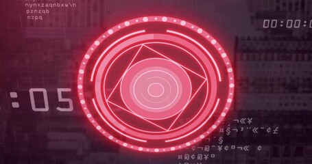 Poster - Red geometric shapes and digital code animation over dark background