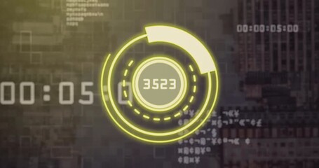 Poster - Digital countdown animation with numbers and circular graphics over cityscape background
