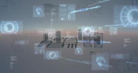 Poster - Analyzing data with digital interface over futuristic cityscape, technology concept