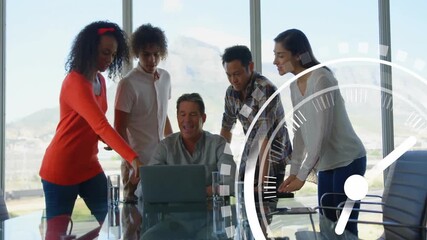 Poster - Clock animation over diverse business team collaborating around laptop in office