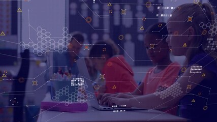 Poster - Students using laptops in classroom with data processing animation over them