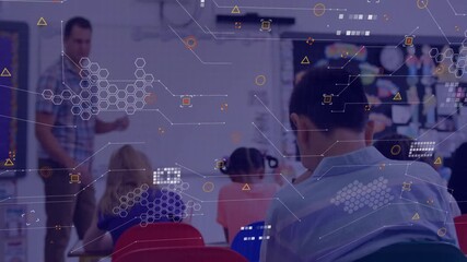Poster - Digital network and data processing animation over students and teacher in classroom