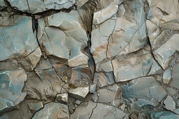 A detailed view of a weathered and cracked rock wall made of rocks up close, Reflect the weathered and cracked surface of ancient stones