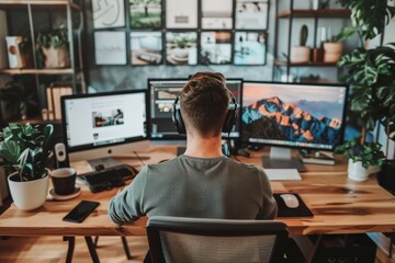 Canvas Print - A man sitting at a desk in front of two computer monitors, focusing on his work, Remote work productivity tools and technology