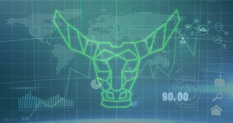 Poster - bull head hologram animation over world map and financial data charts