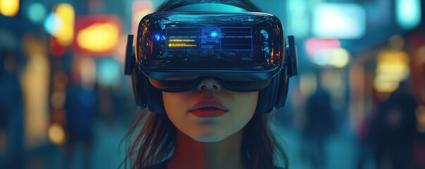 Poster - Woman with a VR headset, seeing cybersecurity threats in virtual reality