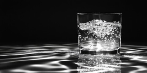 Wall Mural - Glass of Water with Bubbles and Ripples on a Black Surface