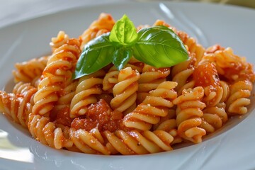 Plate of whole grain pasta topped with tomato sauce and fresh basil leaves, Render a plate of whole grain pasta with a tomato-based sauce