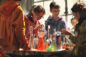 Sticker - A group of students standing around a table, engaged in a science experiment with various flasks and equipment, Render a scene of students participating in a hands-on science experiment