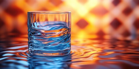 Poster - Glass of Water Sitting on Rippling Surface with Orange Background