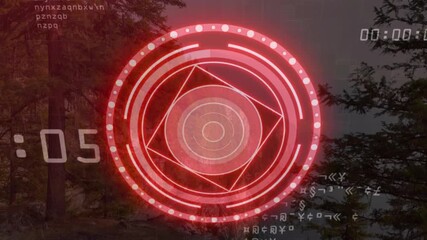 Poster - Red target animation over forest landscape with digital codes and timer