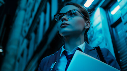 Wall Mural - A business woman in business glasses holds a laptop in her hands on a blue background. Business concept.