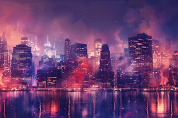 Wall Mural - A city skyline comes to life at night, glowing with vibrant lights and energy, Render the vibrant energy of the city skyline at night, with lights twinkling in the darkness