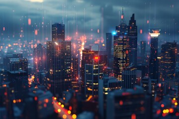 Canvas Print - City skyline filled with bright city lights at night, showcasing the vibrant energy of urban life, Render the vibrant energy of the city skyline at night, with lights twinkling in the darkness