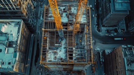 Poster - Aerial View of a Skyscraper Under Construction with a Yellow Crane