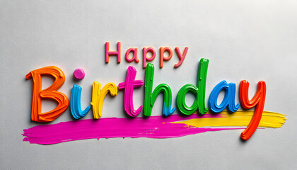 Colorful Birthday Text in Vibrant Paint Strokes on a Textured Surface isolated with white highlights, png