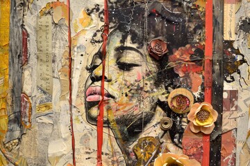 Poster - Painting depicting a womans face adorned with colorful flowers, Representing diverse and authentic stories through mixed media