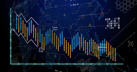 Sticker - Financial data chart animation over world map with various geometric shapes