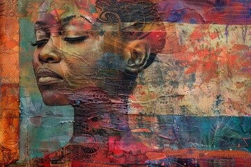 Poster - A painting of a womans face adorning a wall with vivid colors and intricate details, Representing diverse and authentic stories through mixed media