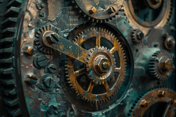 Poster - Detailed view of clock with gears in motion, Representing the fusion of man-made and natural elements in a mechanical context
