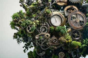 Poster - Clock composed of interconnected gears and plants, showcasing a harmonious blend of mechanical and organic elements, Representing the fusion of man-made and natural elements in a mechanical context