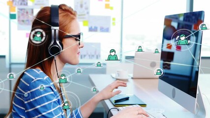 Poster - Wearing headphones and working on computer, woman connected to network animation