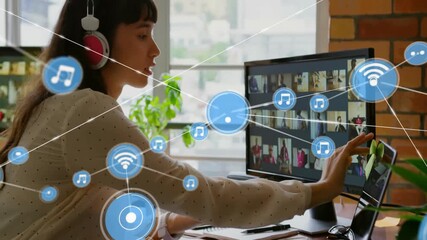 Poster - Music and wireless connectivity animation over woman working on computer in office