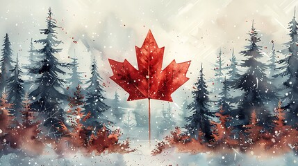 large canadian flag, its red maple leaf prominent, gently waving in watercolor against a snowy white