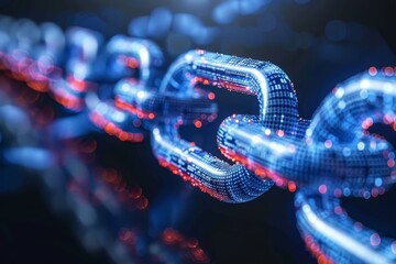 Poster - detailed view of a blue and red chain displaying transparency and immutability, represent the transp