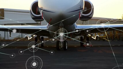 Poster - Network of connections and data processing animation over airplane on tarmac