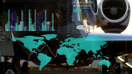 Poster - World map and financial data processing animation over airplane engine background