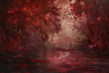 Sticker - A painting featuring rich red trees contrasted against water, creating a visually striking scene, Rich, deep red tones bringing life to the canvas