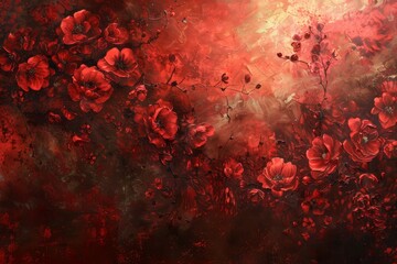 Canvas Print - A painting featuring vibrant red flowers contrasted against a dark black background, Rich, deep red tones bringing life to the canvas