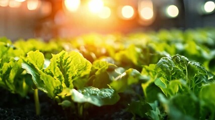Poster - Lettuce plants thrive in a greenhouse, basking in warm sunlight during sunset, creating a lush and vibrant atmosphere.