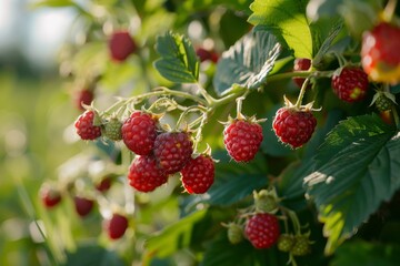 Canvas Print - Raspberries in sunlight on bush, Ripe, juicy berries picked at the peak of perfection