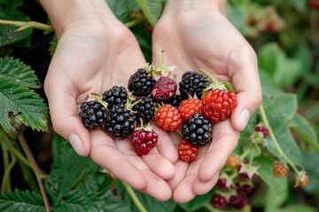 Sticker - A persons hands holding ripe, juicy raspberries, Ripe, juicy berries picked at the peak of perfection