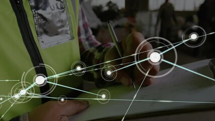 Poster - Writing notes, person in safety vest with network connections animation over hands