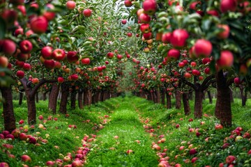 Canvas Print - Rows of apple trees heavy with ripe fruit ready for harvest in a vibrant apple orchard, Rows of apple trees heavy with ripe fruit ready for harvest