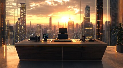 Poster - Modern Office Desk with Cityscape View at Sunset