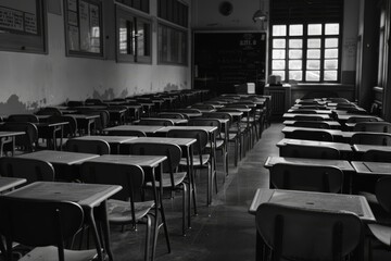 Poster - Rows of unoccupied desks and chairs in a classroom setting, Rows of unoccupied desks in a classroom that echoes with silence