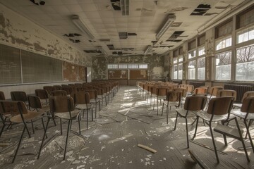 Poster - An empty classroom with rows of chairs, Rows of unoccupied desks in a classroom that echoes with silence
