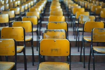 Poster - Neat rows of yellow school chairs placed in an empty classroom, Rows of vacant student desks arranged neatly in a quiet classroom