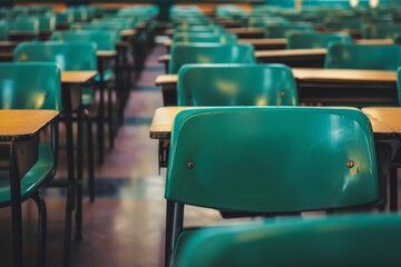 Poster - Neat row of green chairs sitting together in a classroom setting, Rows of vacant student desks arranged neatly in a quiet classroom