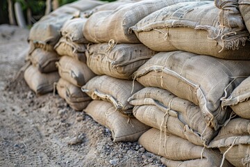 Pile of sandbags serving as gun support rests on the dirt field, Sandbags stacked up for gun support