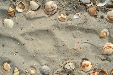 Wall Mural - Various seashells lying in the sand on a beach, Sandy ground with a loose, granular feel and scattered shells