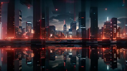 Poster - Neon technology city business concept with skyscraper buildings and virtual network connection