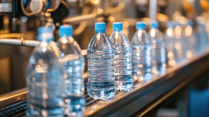 Drinking water business. Automated production line with drinking water bottles moving on a conveyor belt in a modern bottling factory