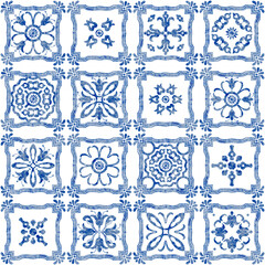  Patchwork seamless pattern of tiles with blue watercolor geometrical and floral ornaments 