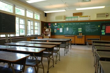 Poster - Classroom with empty desks and a chalkboard in the background, School information and major