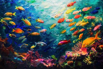 Wall Mural - Colorful fish swim gracefully in the ocean, weaving through the reef, Schools of colorful fish weaving through the reef